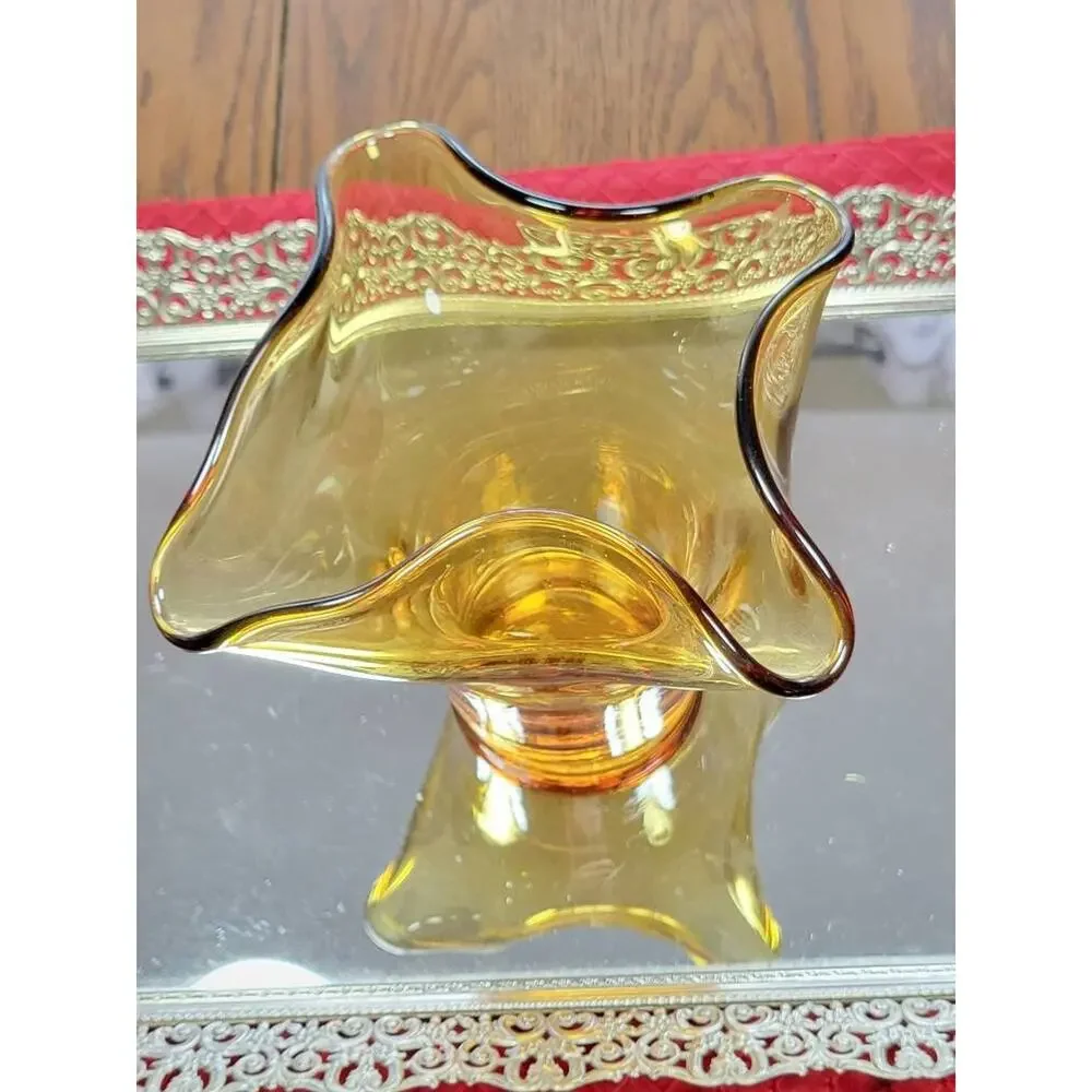 Vintage Amber Glass Handkerchief Vase MCM Ruffled Blown Art Glass Fazzoletto 8" - Picture 3 of 5